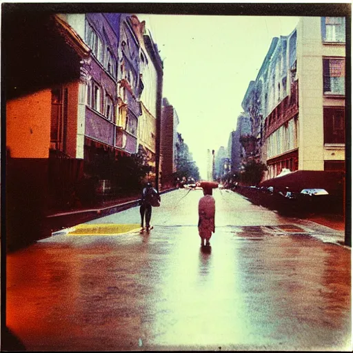 Prompt: low angle wide shot of street in the early morning, after rain, polaroid photo, by Warhol,