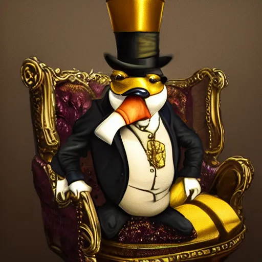 Image similar to oil painting of grumpy rich steampunk penguin sitting on fancy chair, wearing top hat, holding gold, steampunk factory background, factory background, sharp focus, fantasy style, octane render, volumetric lighting, 8k high definition, by greg rutkowski, highly detailed, trending on art Station, centered