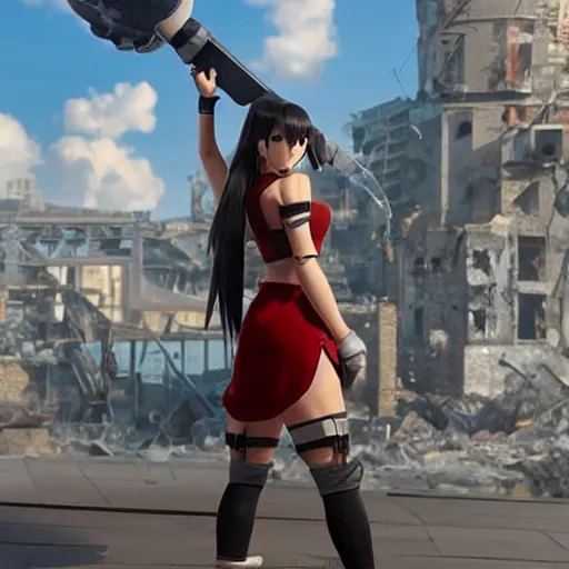 Prompt: a giant giga sized tifa from final fantasy 7 remake having fun destroying a city while smiling, digital art, octane render, award winning, very detailed, full body portrait, 3d render, detailed facial expressions, destroyed city, 4k destruction, fire, video game art, no text, ray tracing
