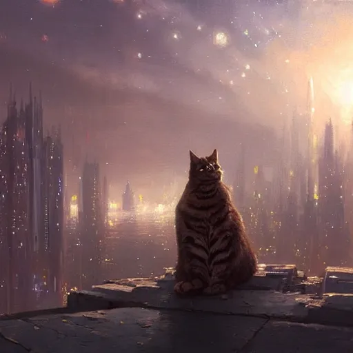 Prompt: Concept art, beautiful painting of a cat, shining its light among stars, wandering around a metropolis city, 8k, james gurney, greg rutkowski, john howe, artstation