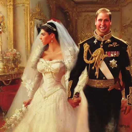 Image similar to detailed painting of prince william marrying attractive kim kardashian, highly detailed painting by gaston bussiere, craig mullins, j. c. leyendecker 8 k, smiling couple, royal painting