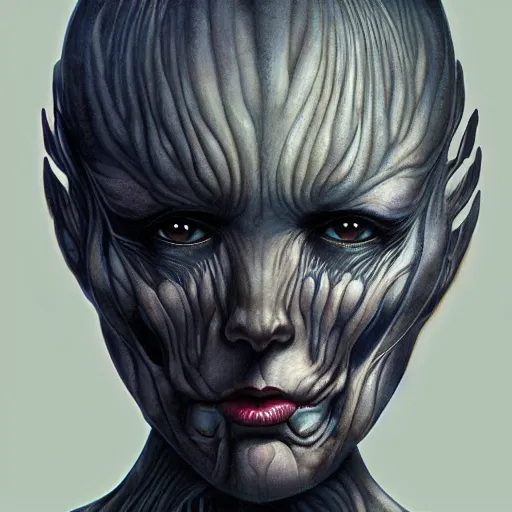 Image similar to a beautiful female face, by Wayne Barlowe and H R Giger and Bill Ellis, trending on artstation