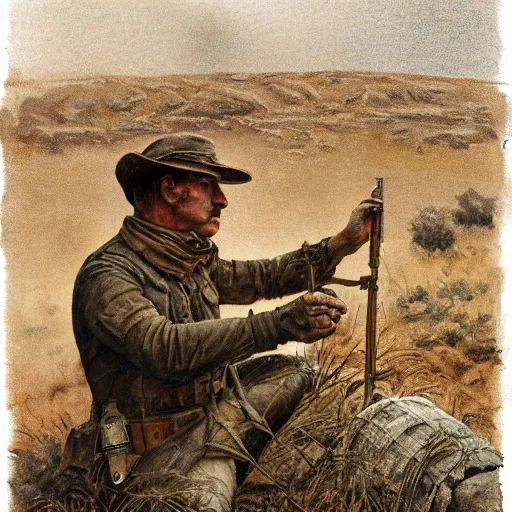 Image similar to a detailed photorealistic sepia - toned color portrait painting of a 1 9 1 7 worried clean - shaven british lieutenant in field gear in north arabia examining an ancient cylindrical clay jar, ultra realistic, intricate details, atmospheric, dark, horror, brooding, highly detailed, by clyde caldwell