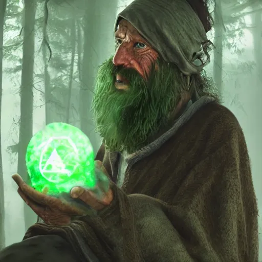 Image similar to realistic a human hobo druid with green magic around, fantasy book, d & d, high detail, 8 k, octane render painting, dark fantasy