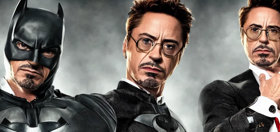 Image similar to robert downey jr in batman suit, portrait hd, without helmets 4 k, clear face,