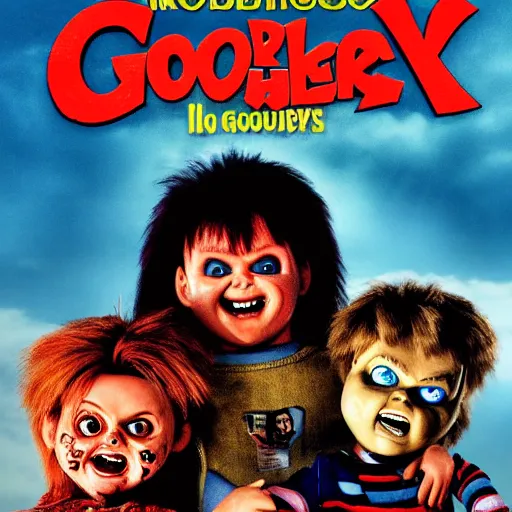 Prompt: Chucky the killer doll versus The Goonies movie poster