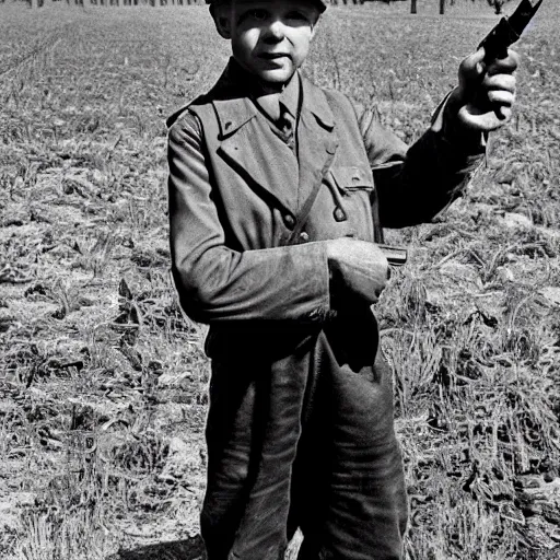 Image similar to blacka nd white old photograph of a farm boy holding a gun pointing at adolf hitler realism, 4 k, award winning photograph