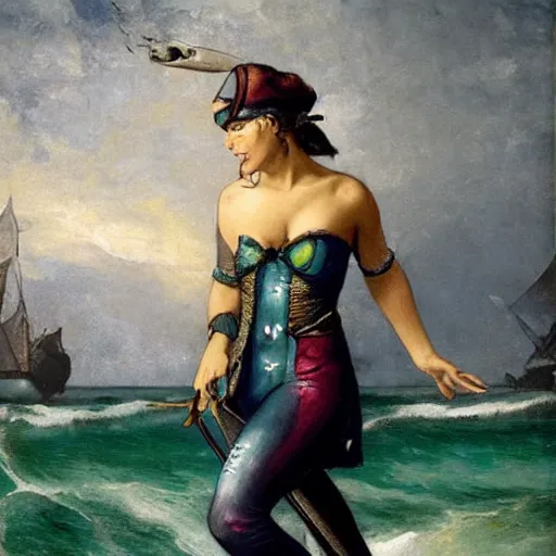 Image similar to a pirate with iridescent skin, irridescent shark colored makeup, her stance is Swashbuckling, art by courbet