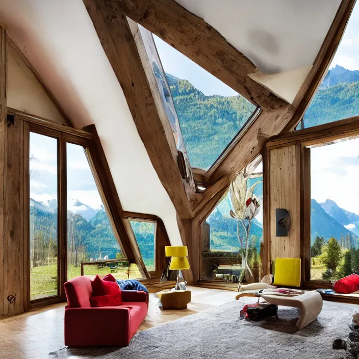 Image similar to fantastical living room with switzerland landscape in the window