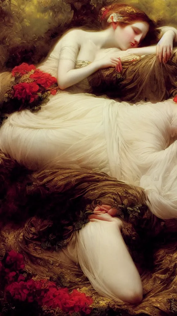 Image similar to blonde beautiful pale skin sleeping princess by franz xaver winterhalter and delphin enjolras and rebecca guay