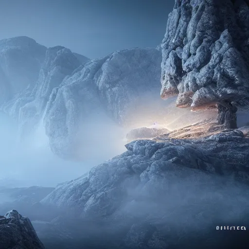 Image similar to norwegian landscape, intricate detail, volumetric lighting, epic composition, hyper detailed, ultra realistic, sharp focus, octane render, ray tracing, sense of awe, swirling mist