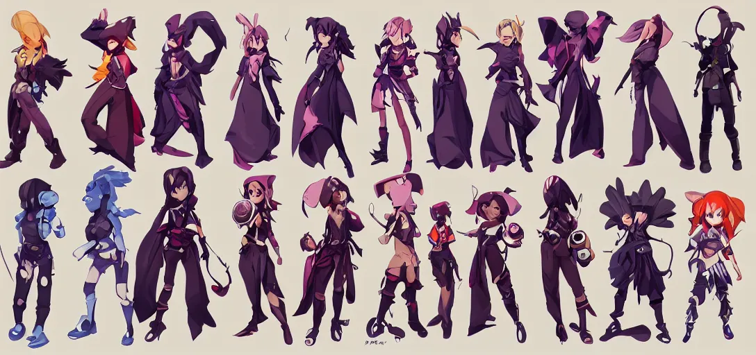 Image similar to character sheet concept art of female video game characters head designs, disgaea, flcl, hearthstone, unique silhouettes, cute casual streetwear, by marc brunet and artgerm