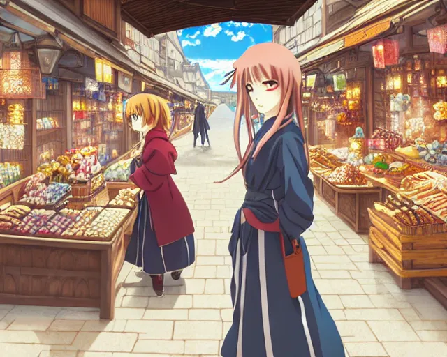 Image similar to anime visual, portrait of a young female traveler in an open medieval market shopping, cute face by katsura masakazu, yoh yoshinari, cinematic luts, cold studio lighting, dynamic pose, dynamic perspective, strong silhouette, anime cels, murata range, cel shaded, rounded eyes