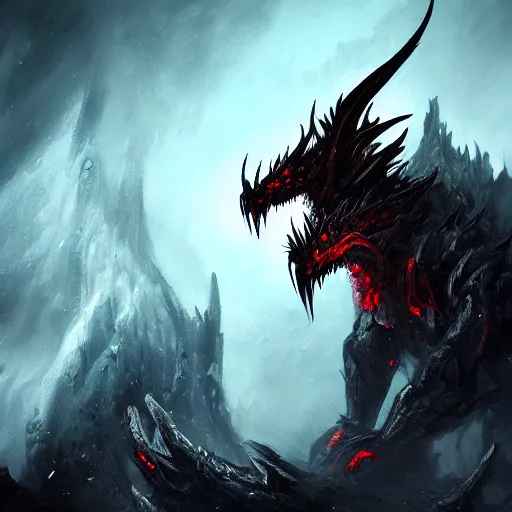 Image similar to dark fantasy concept of a vampire dragon god, with dark matter and molten armor on a mountain, cinematic, dynamic lighting, photorealistic, ultra detailed, trending on art station, stunning visuals, creative, hyper detailed