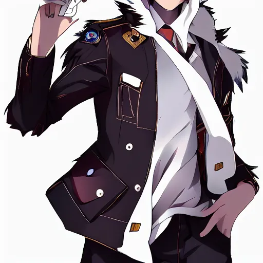 Image similar to key anime visual portrait of an anthropomorphic anthro wolf fursona, in a jacket, with handsome eyes, official anime art