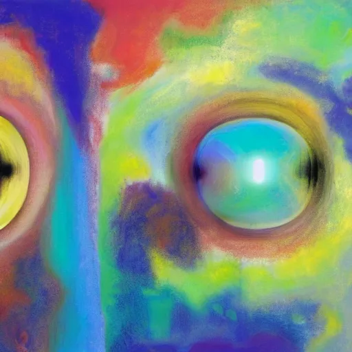 Prompt: two abstract humans from 2 abstract coloured universes, looking at each other in a mirror, across space and time, high definition photorealism, super wide angle lens w 1 0 2 4 h 7 9 8