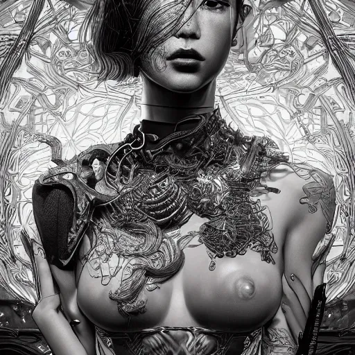 Prompt: the portrait of an absurdly beautiful, graceful, elegant, sophisticated, fashionable cyberpunk gravure idol, an ultrafine hyperdetailed illustration by kim jung gi, irakli nadar, hanna moon, intricate linework, bright colors, collage, porcelain skin, unreal engine 5 highly rendered, cgsociety, global illumination, radiant light, detailed and intricate environment
