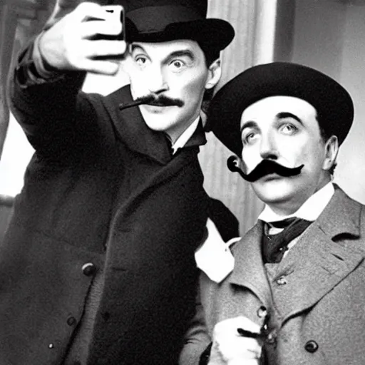 Prompt: Sherlock Holmes takes a selfie with Hercule Poirot, facebook