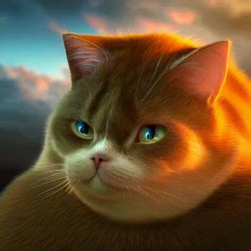 Image similar to a beautiful fat lady cat creature is feeling very very hungry. close - up, beautiful sky, volumetric lighting, sharp focus, ultra detailed, cgsociety