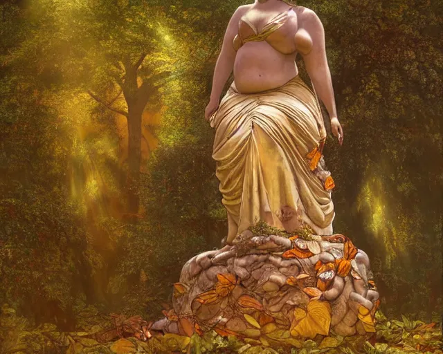 Prompt: Ancient statue lost in the heart of the forest depicting to the chubby ancient goddess of earth and trees wearing silks and leaves | dramatic light | cinematic lighting | sunshafts, volumetric lighting | golden hour | style of donato giancola