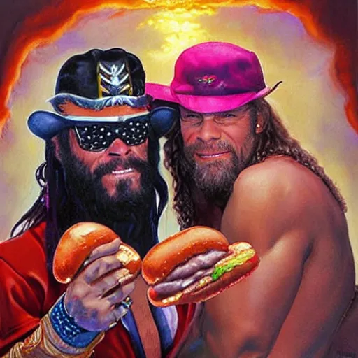 Image similar to portrait of wwf macho man randy savage and wcw sting sharing hotdogs, an oil painting by ross tran and thomas kincade