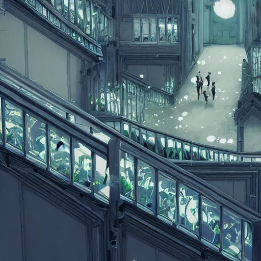 Image similar to a flood of slime in a bright white hallway with many doors and many stairs, Mc Escher architecture, epic composition, by Makoto Shinkai