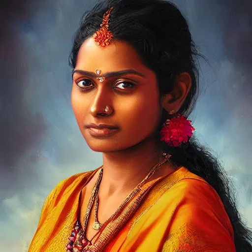 Prompt: portrait of a sri lankan woman ( 3 5 ) from sri lanka in 2 0 2 1, an oil painting by ross tran and thomas kincade