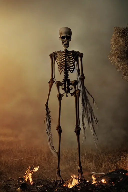 Image similar to a film still of a tall skeletal humanoid wearing a torn and tattered cape with a hood, adorned by beautiful golden jewelry in cool twilight standing by a warm bonfire, smoke, dry ice, horror, highly detailed, film grain, vignette, chromatic aberration