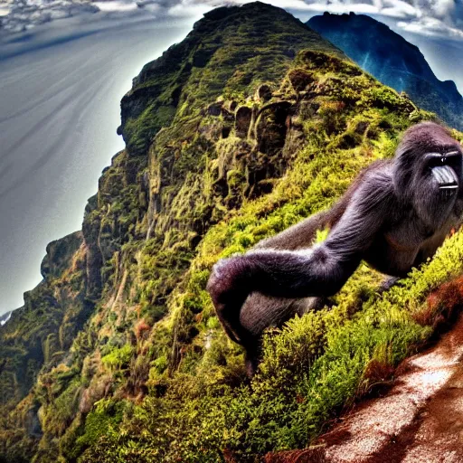 Image similar to king kong walking over madeira island, trampled, cinematic shot, realistic, hdr, color, wide shot, gigantic