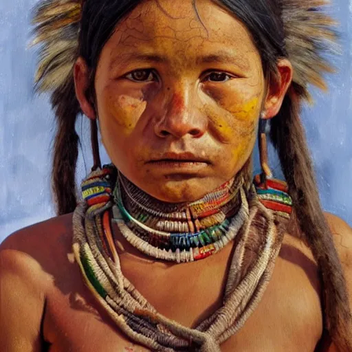 Prompt: high quality high detail painting by lucian freud, hd, portrait of a indigenous tribe girl, photorealistic lighting