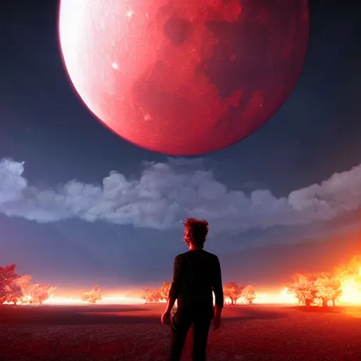 Prompt: gustavo cerati playing on the red moon, digital art, highly detailed, render unreal engine,
