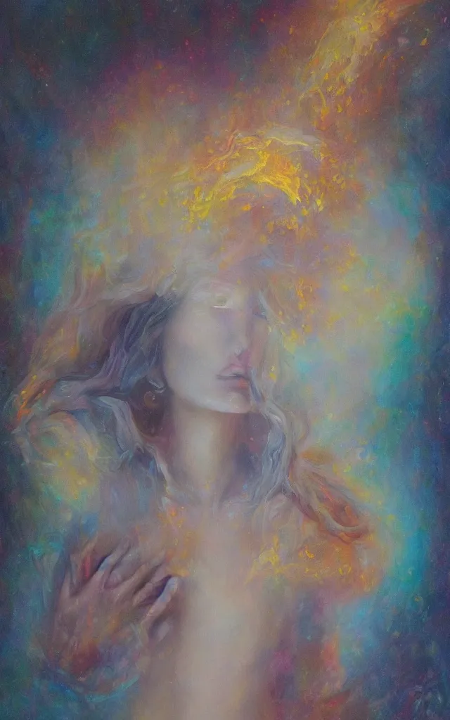 Image similar to iridescent spirit of desire and fear cruel beautiful spirit androgynous with golden eyes lunar mythos ambient fog, award winning oil painting, distinct color palette