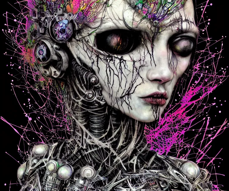 Image similar to gothic mute hybrid cyborg warrior girl, cybor clothes shaping the universe, freedom fighter, eerie, cinematic, epic, 8 k, ultra realistic, rendered by awesomeness. | a psychedelic apocalypse, illustration by albrecht durer, concept art in style of carne griffiths artwork by xsullo. | backround of beautiful floweres floatingby elson, peter kemp, peter