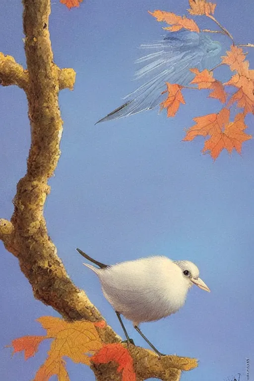 Image similar to meticulous painting, A small, delicate bird with pale blue plumage and long, skinny legs. It is hopping on the ground, searching for food. The background is a beautiful blue sky on a autumn day. by xue ji, bian luan, Ferdinand Knab, bob ross