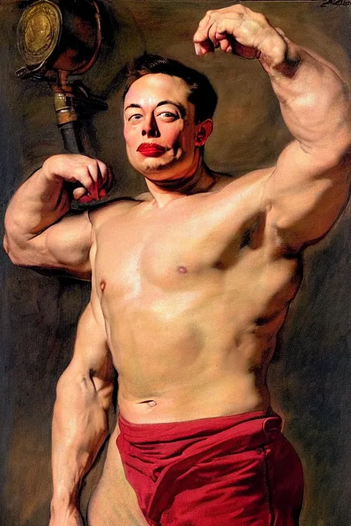 Prompt: portrait of a young muscular Elon Musk by peter Paul rubens and Norman Rockwell, big beefy chunky strong build