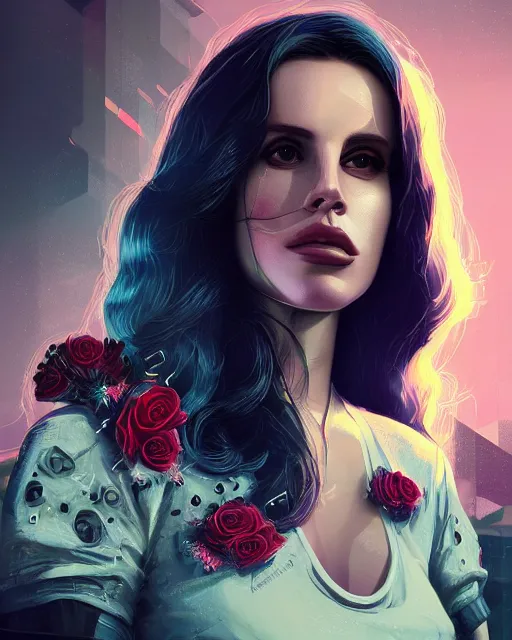 Image similar to portrait of lana del rey as a cyberpunk cyborg. roses, sci - fi, missing panels, intricate abstract upper body intricate artwork, by tooth wu, wlop, beeple, dan mumford. concept art, octane render, deviantart, greg rutkowski, cinematic, key art, hyperrealism, iridescent accents