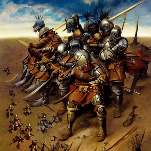 Prompt: a beautiful oil painting of medieval soldiers in shiny armors on a battlefield with pokemons, by Frank Frazetta