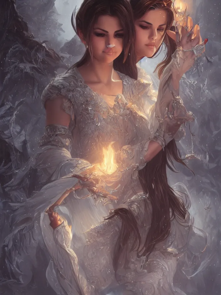 Image similar to Selena Gomez casting an frost spell, D&D, fantasy, intricate, elegant, highly detailed, digital painting, artstation, concept art, matte, sharp focus, illustration, hearthstone, art by Artgerm and Greg Rutkowski and Alphonse Mucha