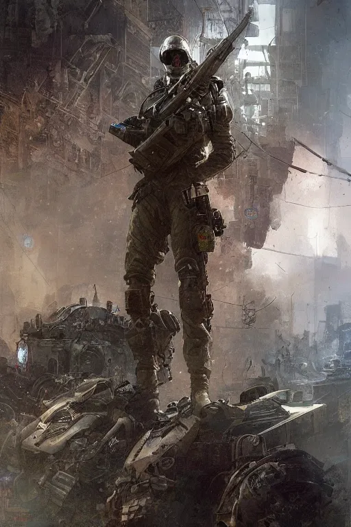 Prompt: a world war 3 cyberpunk pilot, upper body, highly detailed, intricate, sharp details, dystopian mood, sci-fi character portrait by gaston bussiere, craig mullins, inspired by graphic novel cover art