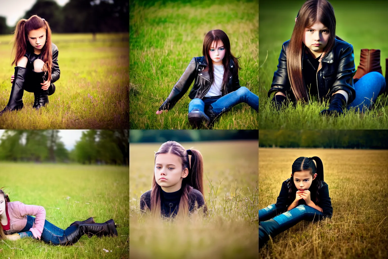 Prompt: young girl lies on a meadow, she has 2 pony tails and wears leather jacket, jeans and knee high black boots, sharp focus, intricate, photo taken by nikon, 4 k,