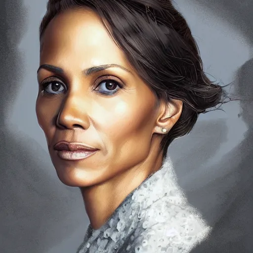 Image similar to portrait of maci holloway, first woman elected as president in usa, cold but beautiful, about 3 5 years old, highly detailed, mix of halle berry and julia roberts, artstation hd, deviantart, by artgem, greg rutkowski