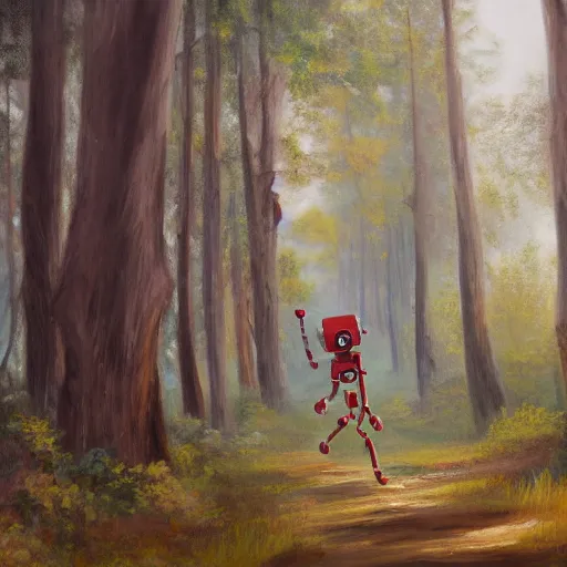 Prompt: a beautfiul painting of a robot running througj a forest,8k