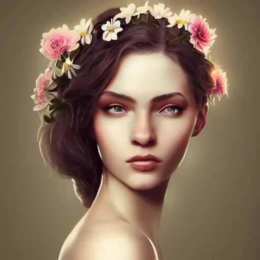 Image similar to character concept portrait of a beautiful woman with pale face, flowers in her hair, intricate, elegant, digital painting, concept art, realistic, smooth, focus, rim light