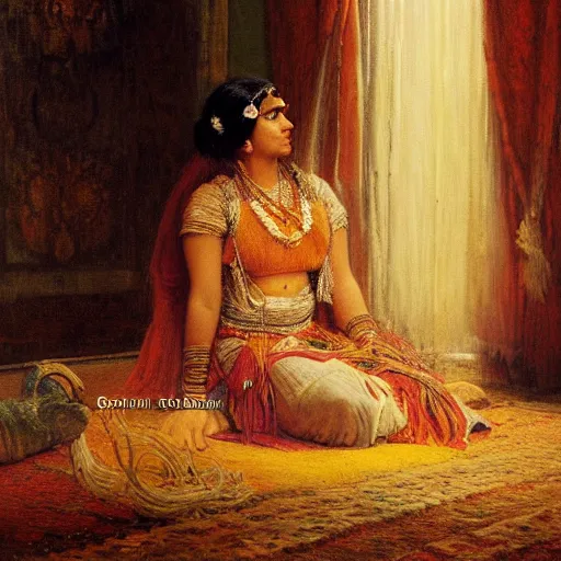 Image similar to detailed potrait of hindu traditional womansitting alone in dark room, girl graceful,, painting by gaston bussiere, craig mullins, j. c. leyendecker, lights, art by ernst haeckel, john william godward, hammershøi,,