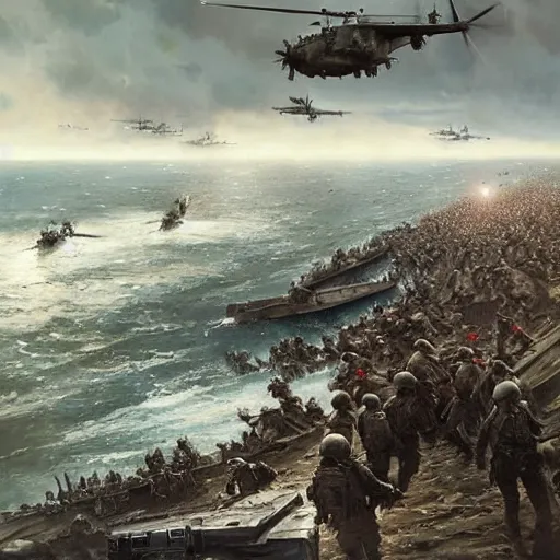 Image similar to a great angle of d - day while all the troops are landing with their boats fighting the germans in a bloody battle by greg rutkowski