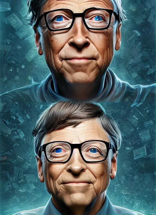 Prompt: bill gates, hyper detailed, digital art, trending in artstation, cinematic lighting, studio quality, smooth render, unreal engine 5 rendered, octane rendered, art style by klimt and nixeu and ian sprigger and wlop and krenz cushart.