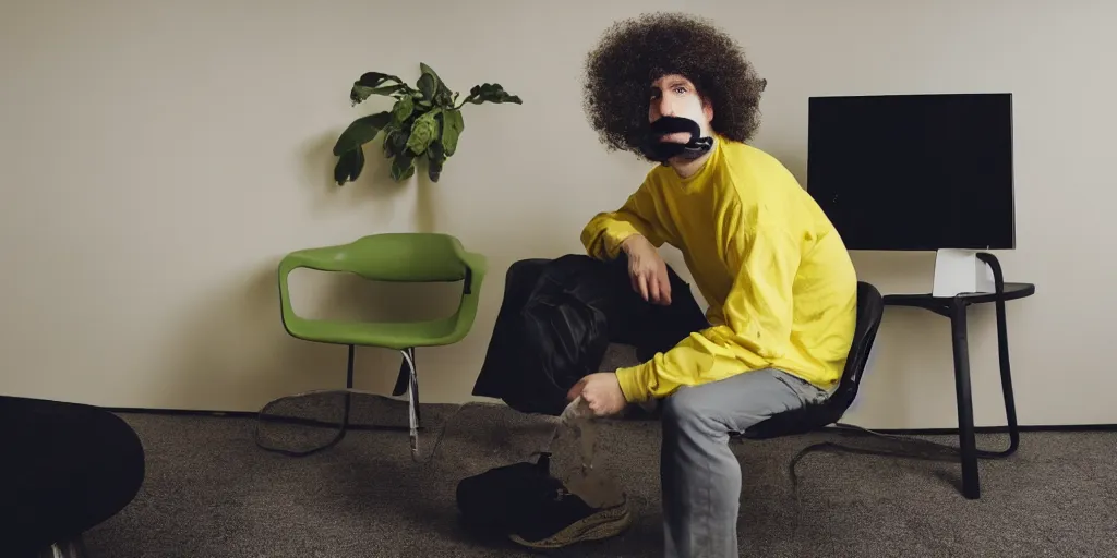 Image similar to french white man with puffy hair, mustache and a green sitting on a black chair in his room looking at the camera, photorealistic, webcam, yellow lightning