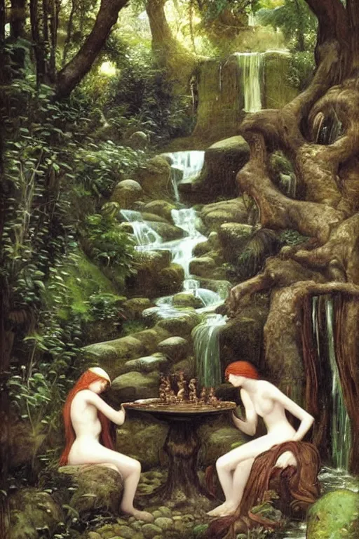 Prompt: beautiful forest dryads playing a quiet game of chess by a mystical waterfall, tranquil scene by Waterhouse