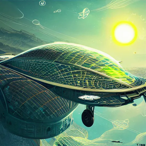 Image similar to solarpunk hovercar, clean energy, green technology, batoidea shape, flying, sunny day, futurism, intricate, engines, glow, highly detailed, peaceful, utopia, bright, digital painting, artstation, concept art, smooth, sharp focus, epic landscape, art by akihiko yoshida and tim mcburnie and anato finnstark