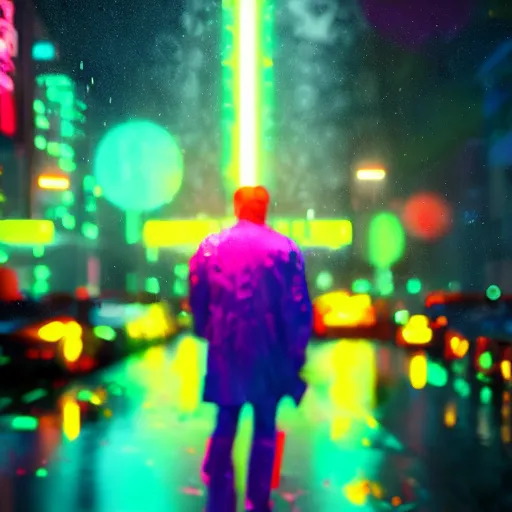 Image similar to splashes of neon, portrait made out of rain, trending on artstation, epic composition, emotional, beautiful, rendered in octane, unreal engine, highly detailed, realistic, galaxy background